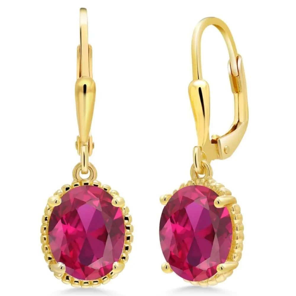 18K Yellow Gold 925 with 4.00 Cttw Ruby Oval Leverback Hook Earrings